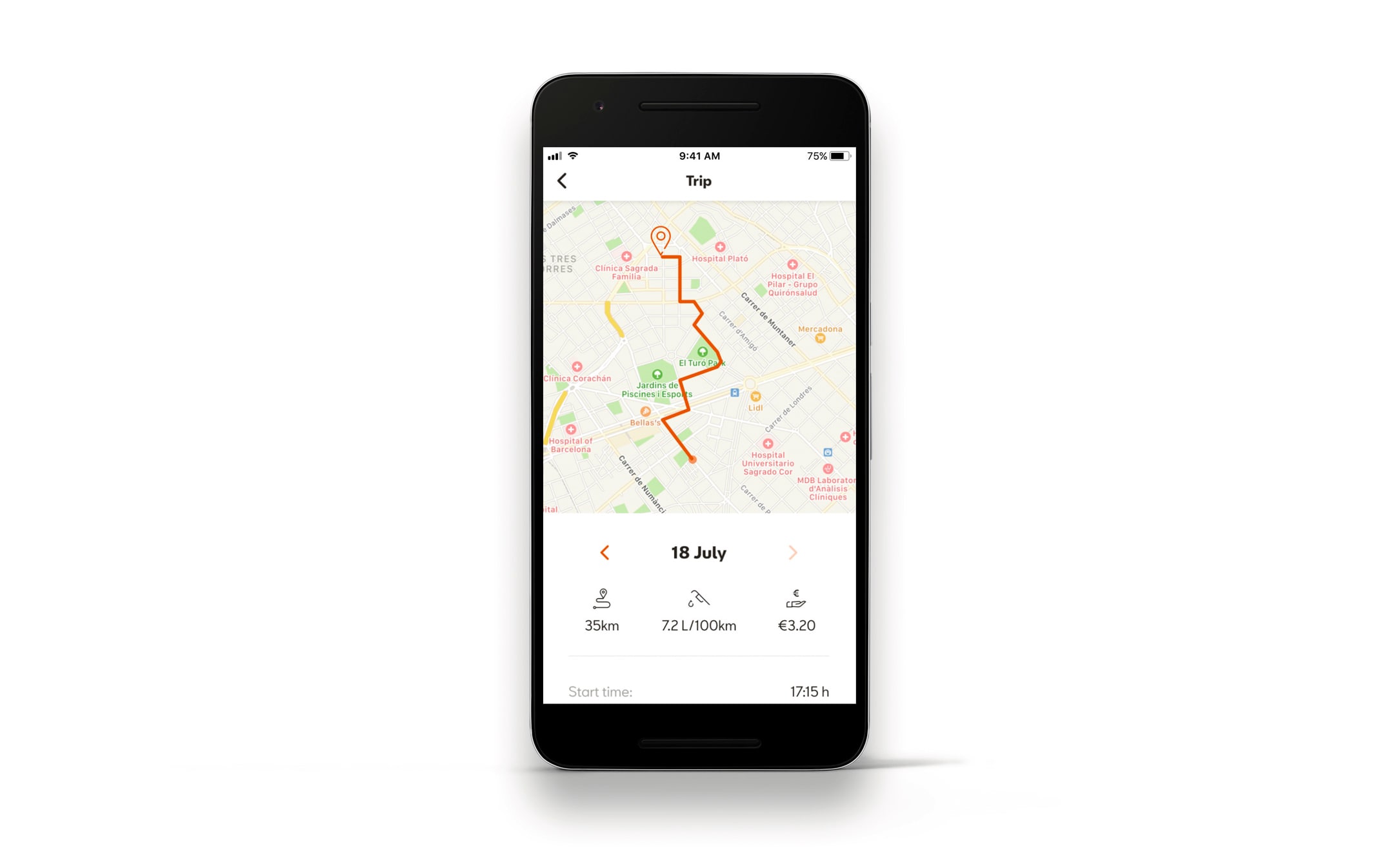 A smartphone displaying a map app, calculating distance, fuel consumption per 100km, and trip cost, showcasing the convenience of planning your journey.