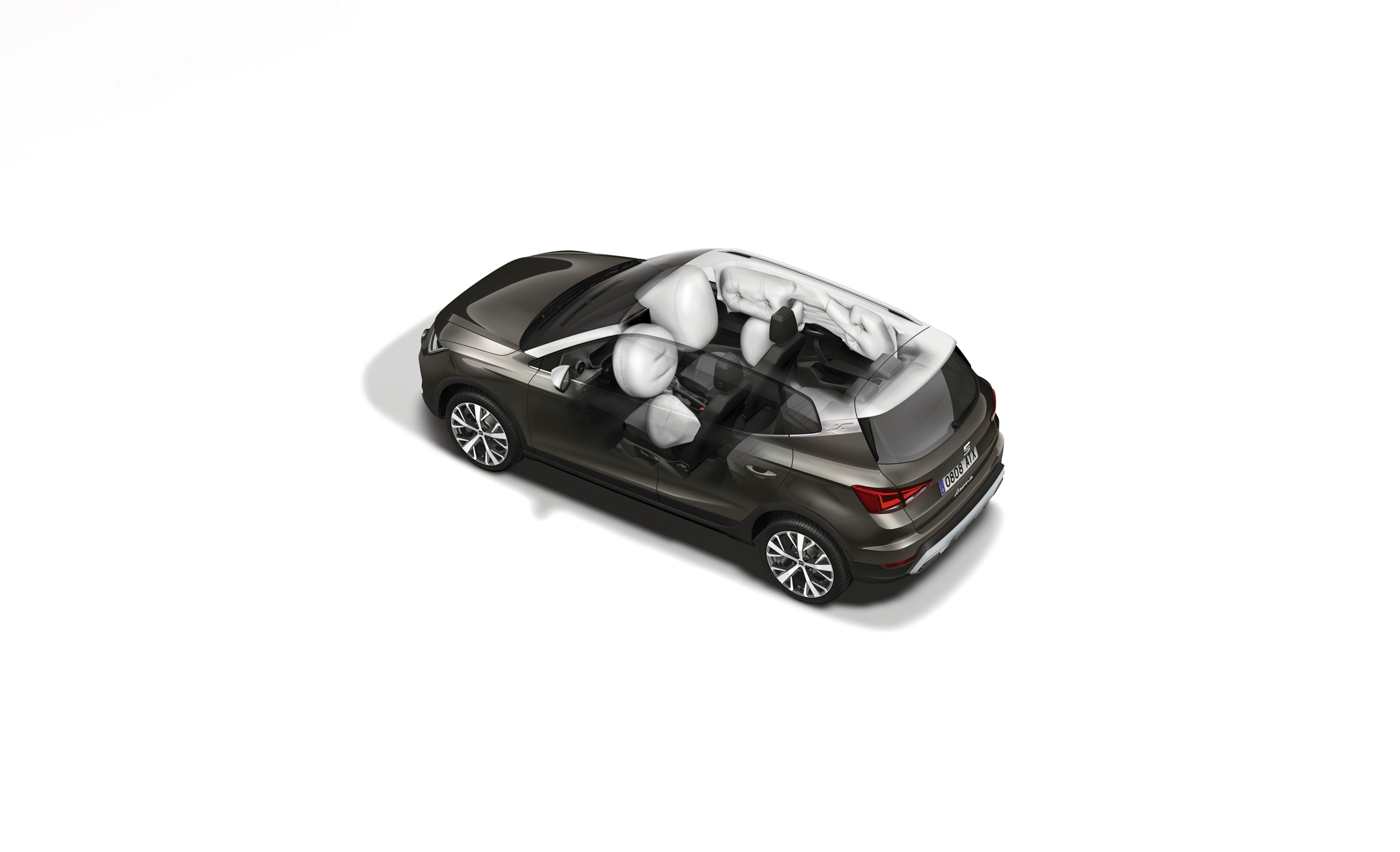 Overview of a SEAT Arona with airbags inflated, showcasing the vehicle’s safety equipment.