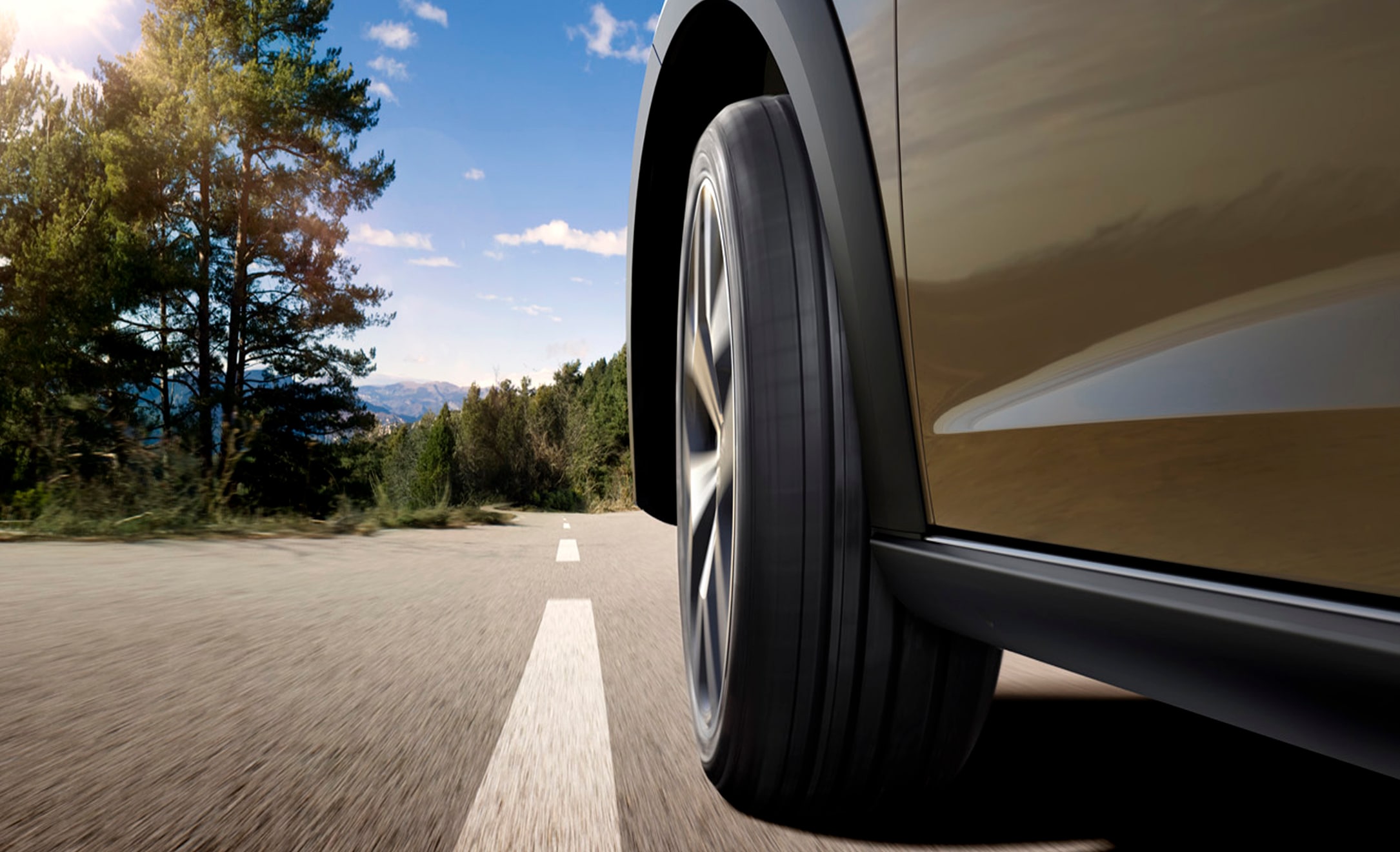 Rear view of a SEAT car in motion on the road, with a close-up of the wheel and forest trees in the background.