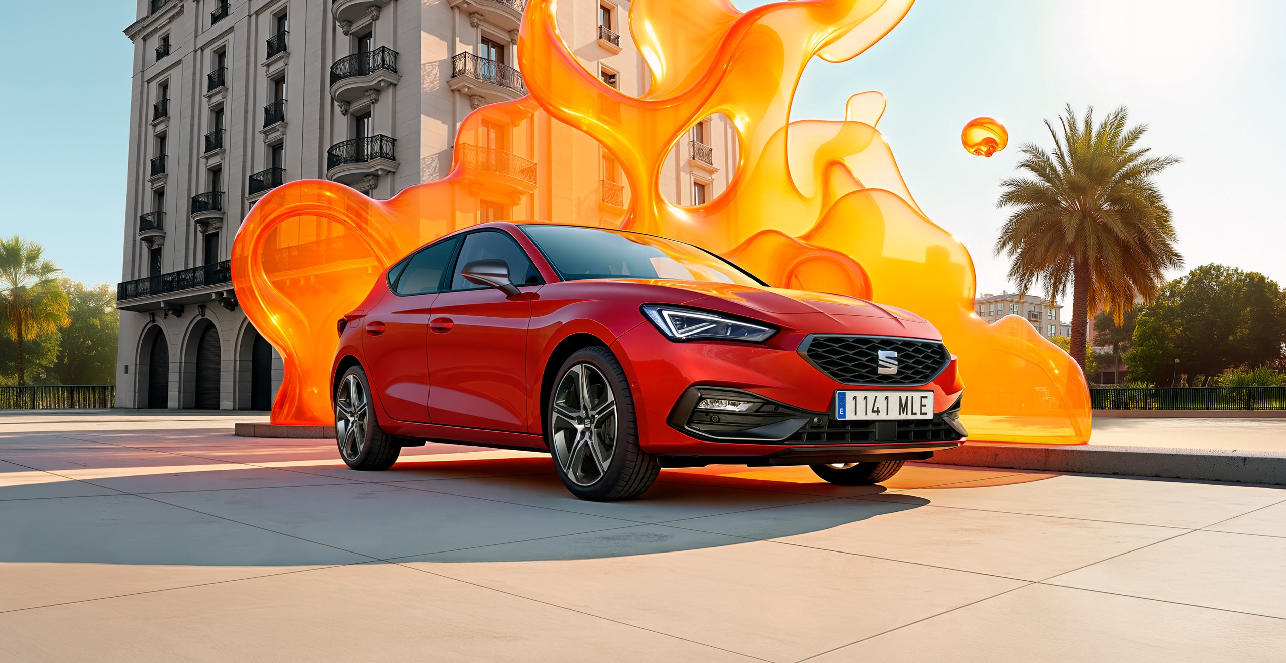 A red SEAT Leon parked in front of a grand multi-storey building with balconies, surrounded by large orange fluid-like artistic shapes that appear to float or splash around the car. 