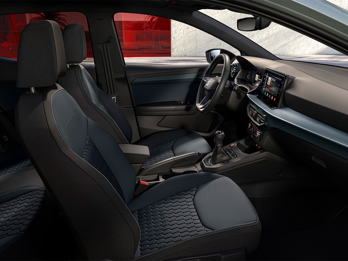 SEAT Ibiza interior details including the embossed standard seats for SE in Aurora green