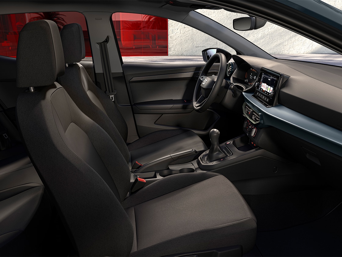 Seat ibiza interior details including the cloth comfort seats for SE in acero tone. 