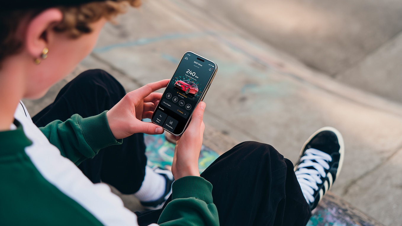 Person holding their smartphone using seat’s remote functions Person holding their smartphone using seat’s remote functions