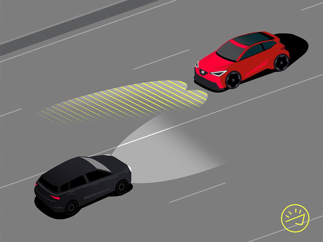 Illustration of the High beam control technology in the SEAT Leon.