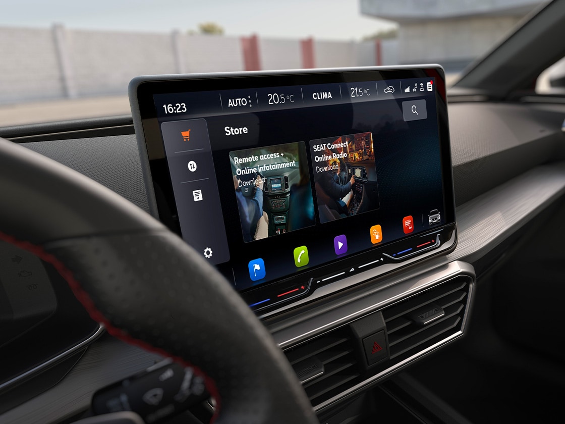 Interior of the SEAT Leon NF Sportstourer showcasing the 12.9" Navi System with SEAT Connect.