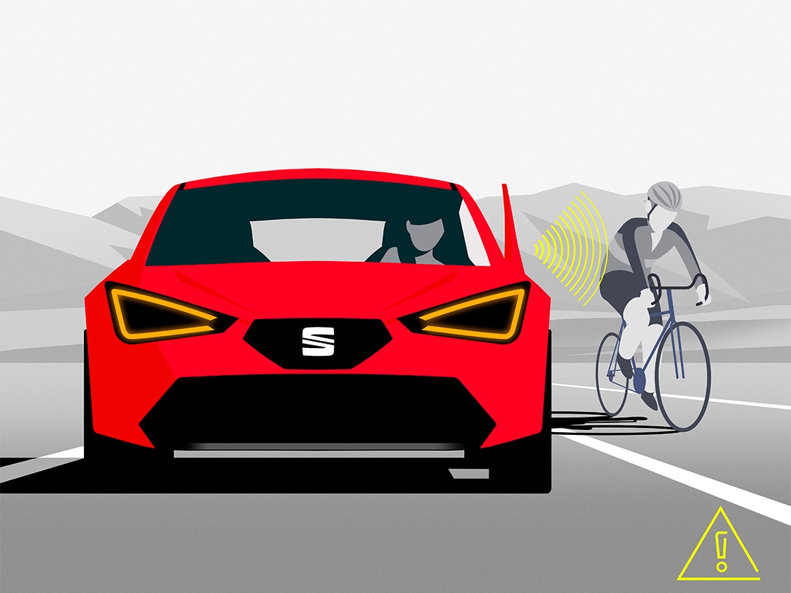 Illustration of the side Assist & Exit Assist in the SEAT Leon SP, warning the driver of vehicles in blind spots. to vehicles in their blind spots.