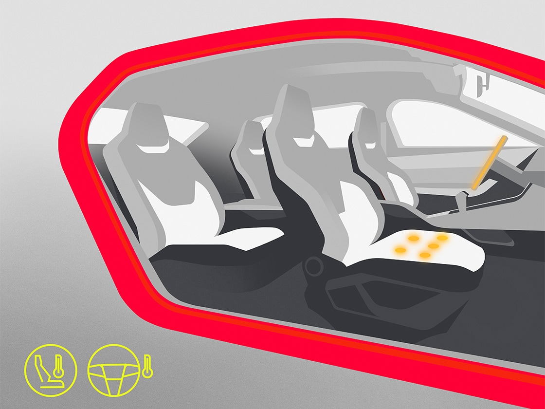 llustration of the SEAT Leon's heated seats and steering wheel featured in the Winter's Pack. Available for the Sportstourer trim.