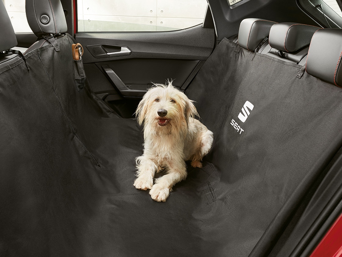 Dog sitting comfortably on a protective seat cover inside the seat leon sportstourer.