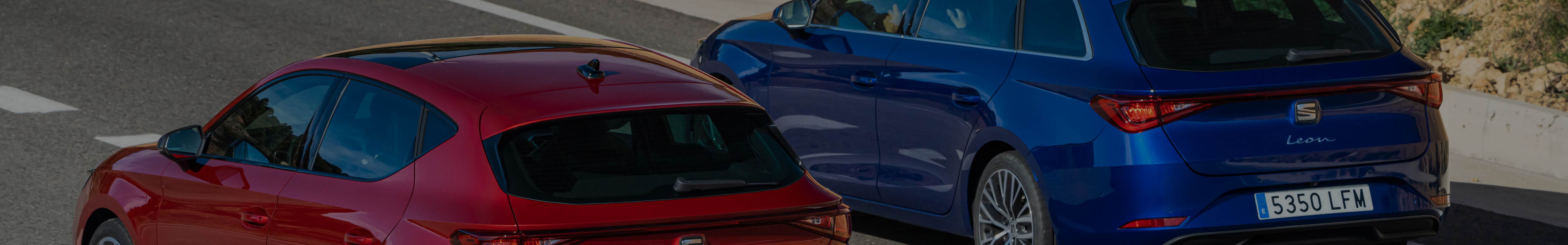 Two SEAT Leon on the road in red and blue colour.