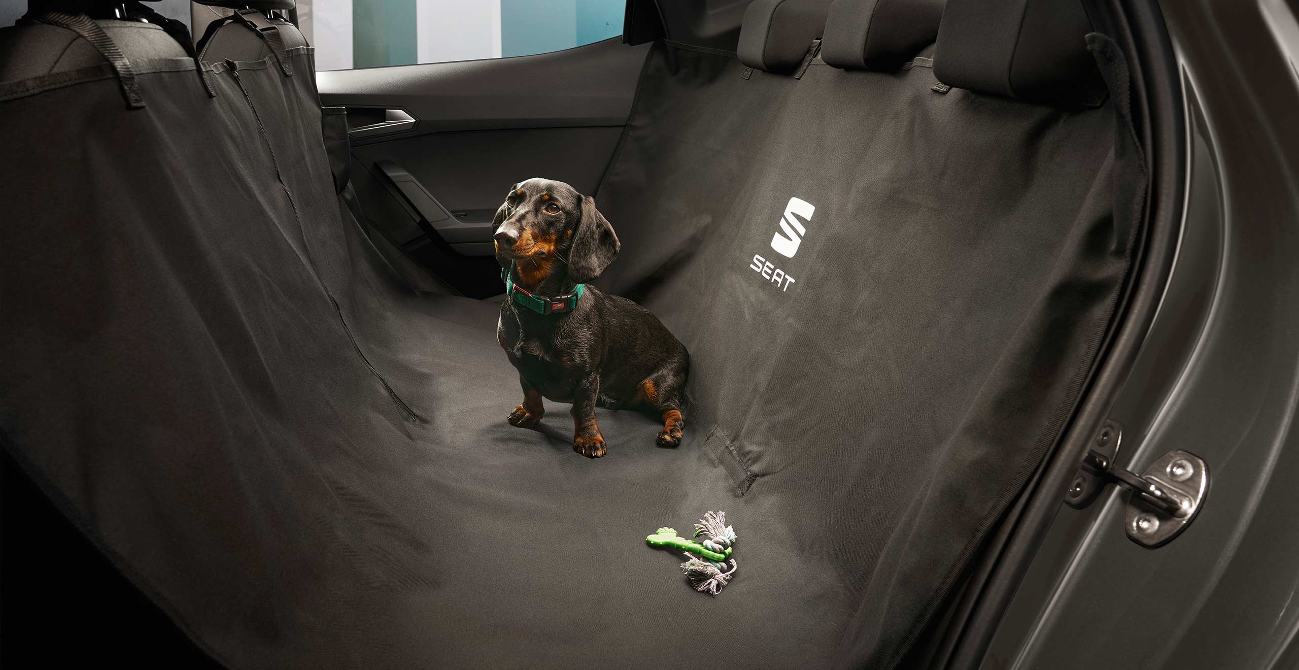 Dog inside of the SEAT Arona with a protective seat cover