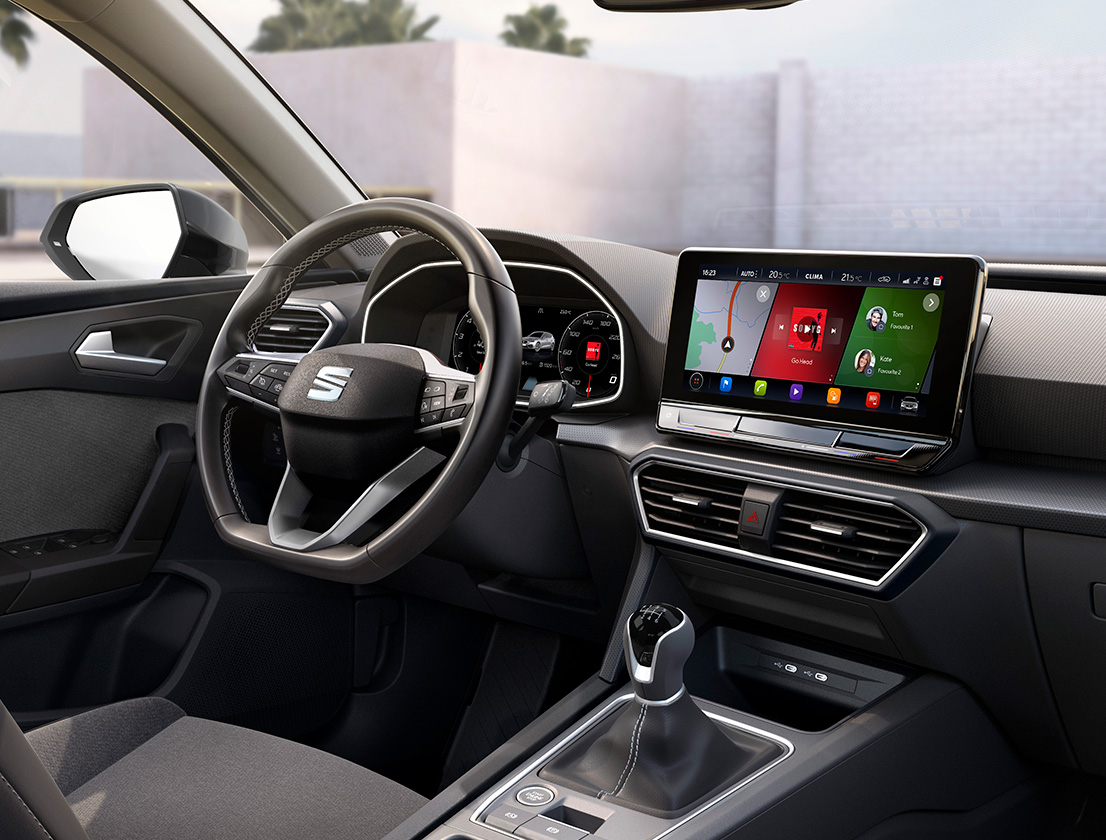 SEAT Leon interior view of the steering wheel and infotainment screen