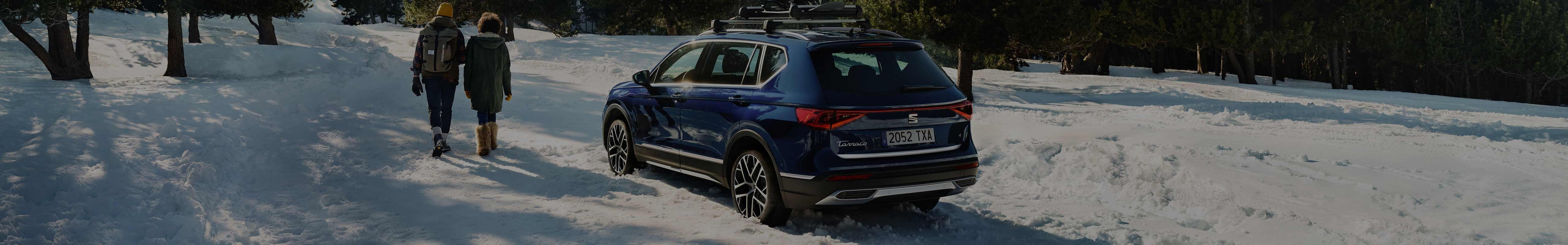 Man standing next to SEAT Tarraco atlantic blue colour with a ski rack.